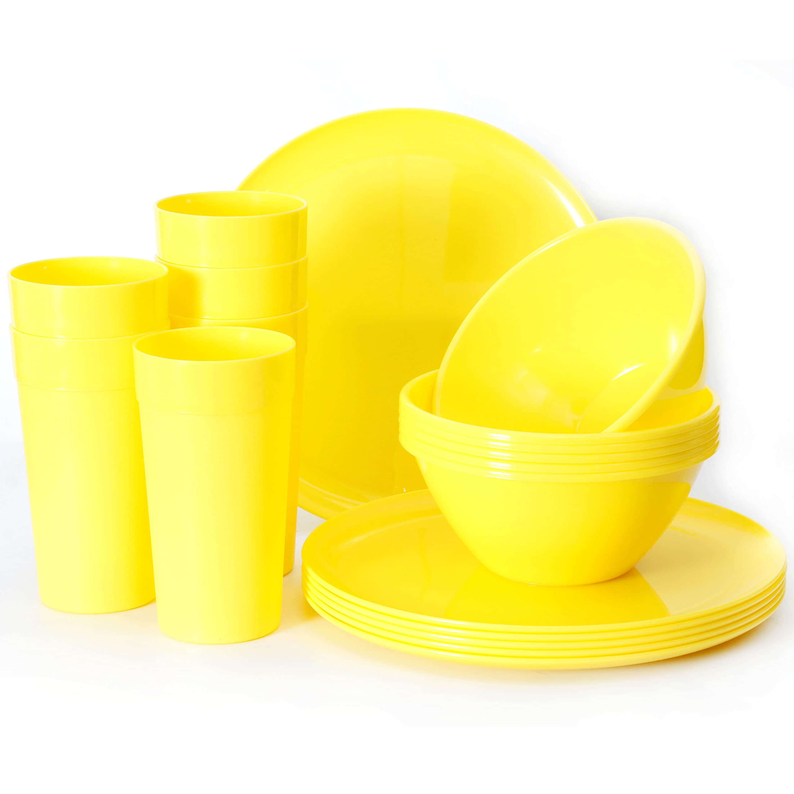 Youngever 18-Piece Plastic Kitchen Dinnerware Set, Plates, Dishes, Bowls, Cups, Service for 6 (Yellow)