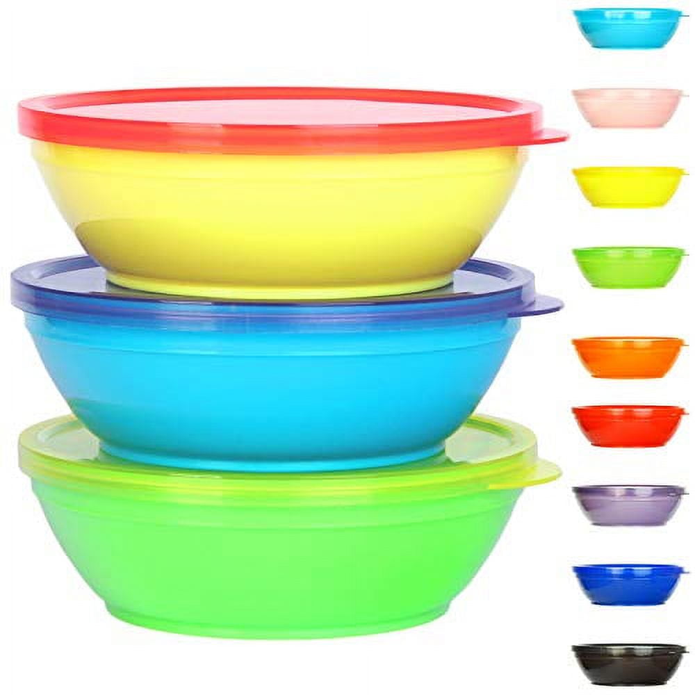 Youngever 12 Ounce Plastic Bowls with Lids, Snack Bowls, Small Bowls, Food Storage Containers, Set of 9 in 9 Assorted Colors