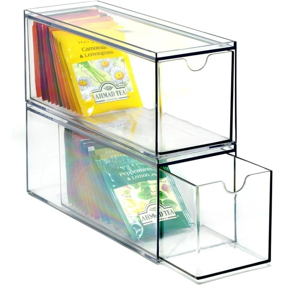 Youngever Clear Plastic Kitchen Pantry Stackable Storage Organizer with 3 Drawers for Tea Packets, 9 in x 3 in x 3.5 in