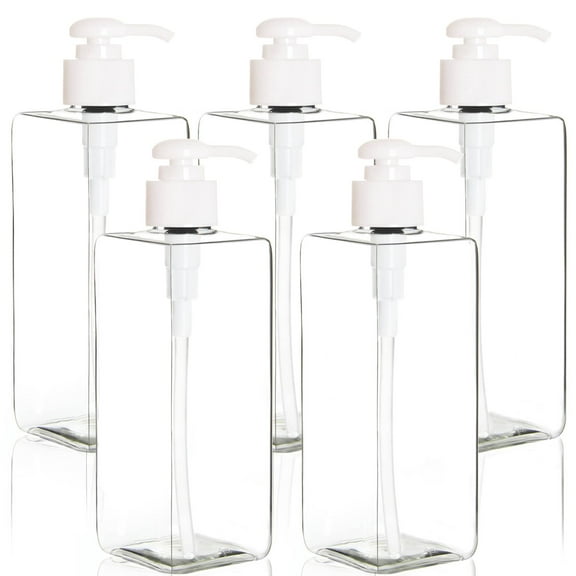 Youngever 5 Pack Clear Plastic Square Pump Bottles 16 Ounce, Refillable Plastic Pump Bottles for Dispensing Lotions, Shampoos, Hand Sanitizer and More