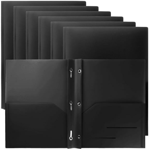 Youngever 6 Pack Heavy Duty Plastic Two Pocket Folders with 3 Prongs, Metal Prongs Fastener, Heavy Duty Plastic 2 Pocket Folder (Black)