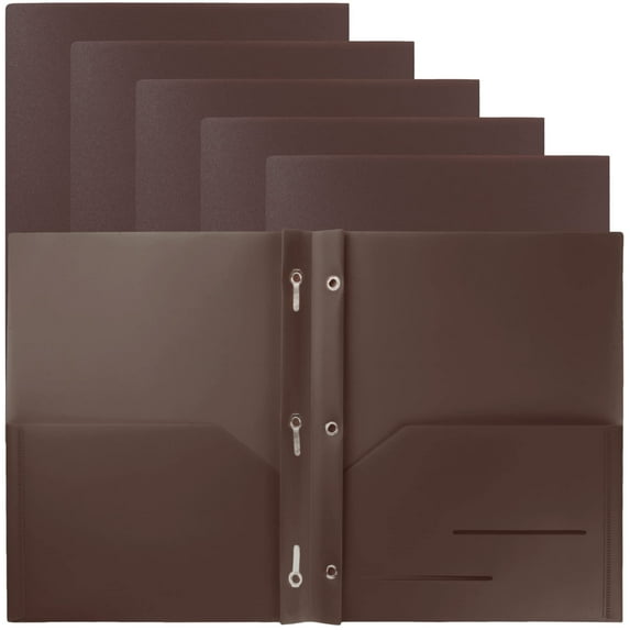 Youngever 6 Pack Heavy Duty Plastic Two Pocket Folders with 3 Prongs, Metal Prongs Fastener, Heavy Duty Plastic 2 Pocket Folder (Brown)