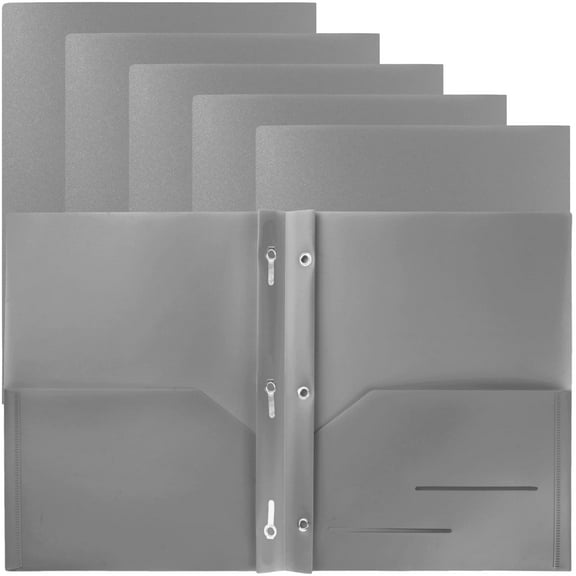Youngever 6 Pack Heavy Duty Plastic Two Pocket Folders with 3 Prongs, Metal Prongs Fastener, Heavy Duty Plastic 2 Pocket Folder (Grey)
