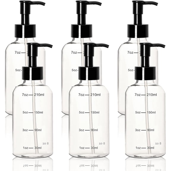 Youngever 6 Pack Plastic Pump Bottles, Clear Refillable Plastic Pump Bottles with Measurement and Travel Lock (8 Ounce)