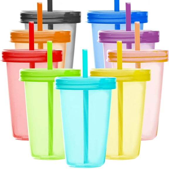 Youngever 9 Sets 16 Ounce Plastic Cups with Lids and Straws, Reusable Plastic Cups with Straws in 9 Assorted Colors