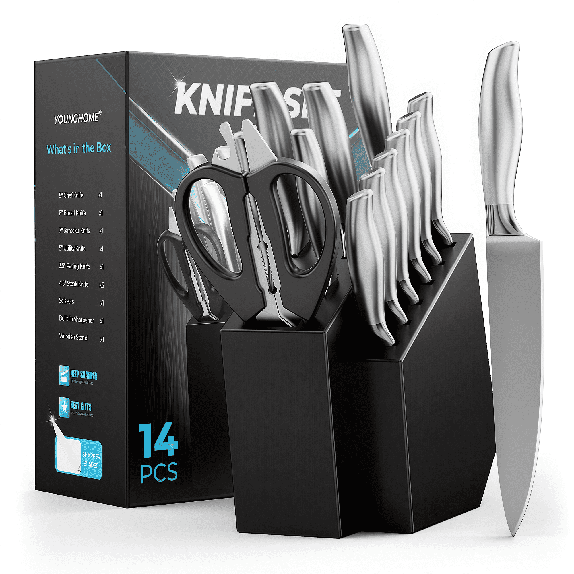 Younghome 14 Pcs Sharp Knife Set with Block Built-in Sharpener,Ergonomic Handle, Home Chef Knives