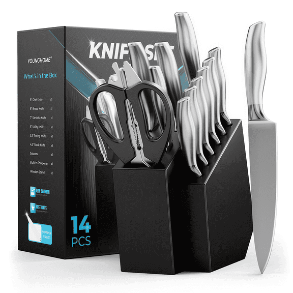 Younghome 14 Pcs Sharp Knife Set with Block Built-in Sharpener,Ergonomic Handle, Home Chef Knives