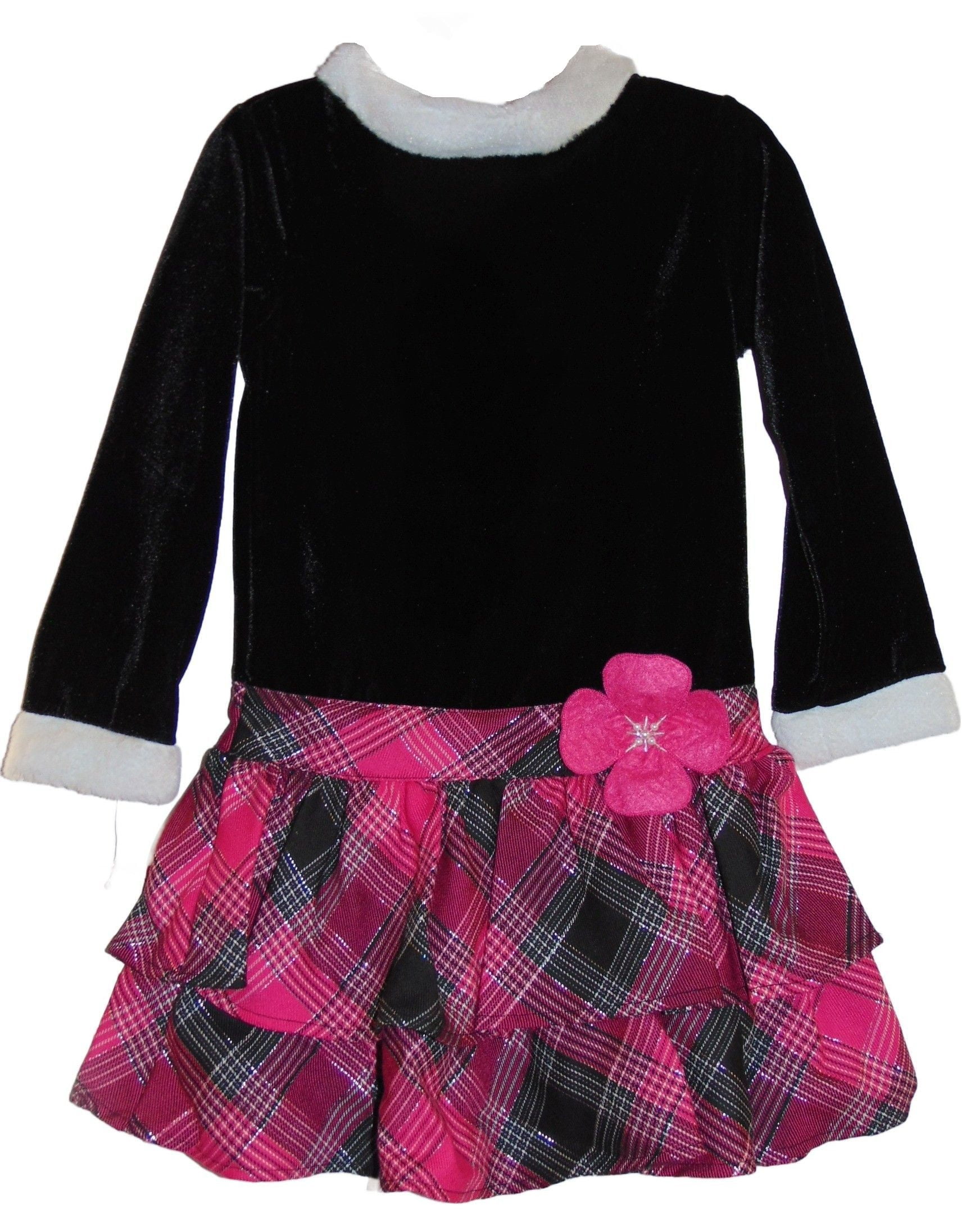 Youngland Girl's Pink and Black Santa Velvet Holiday Christmas Dress, Size 4 Youngland Girl's Pink and Black Santa Velvet Holiday Christmas Dress, Size 4