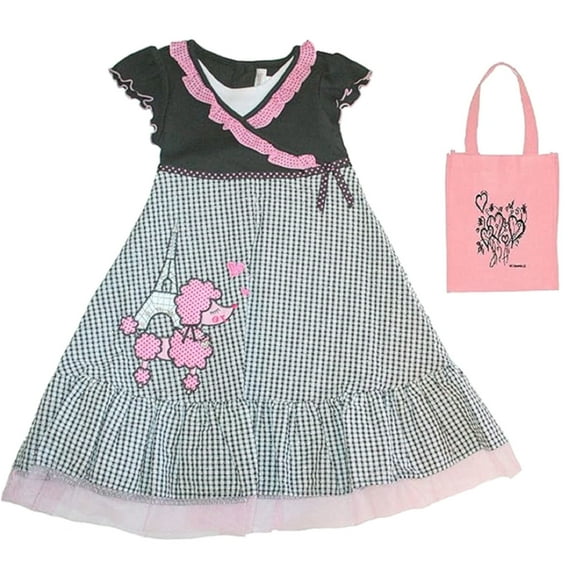Youngland Little Girl's Black/White/Pink Checkered Poodle Dress & Tote (Medium 5)