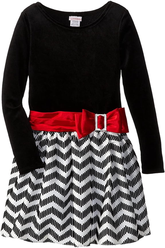 Little Girls' Chevron Print Velvet Dress, Black/White/Red, 2T