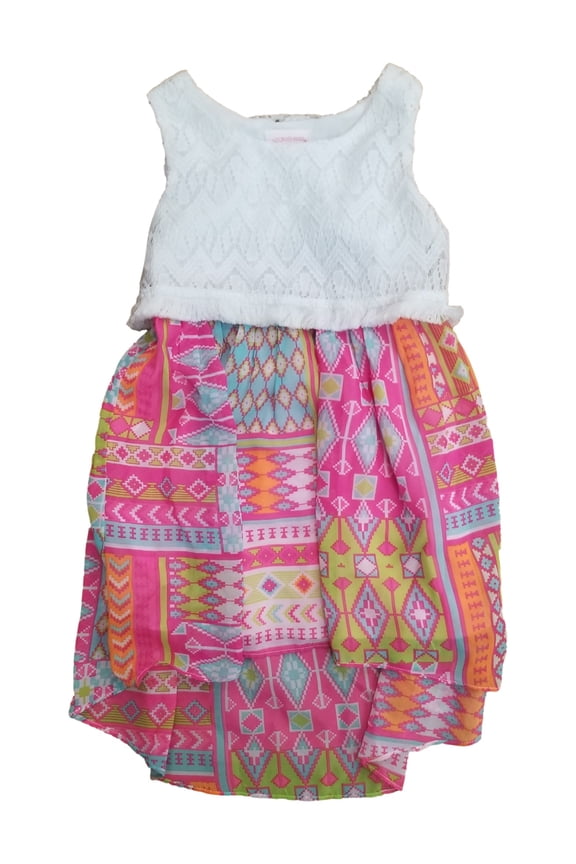Toddler Girls White Orange & Pink Patterned High Low Dress w/ Tie 3T