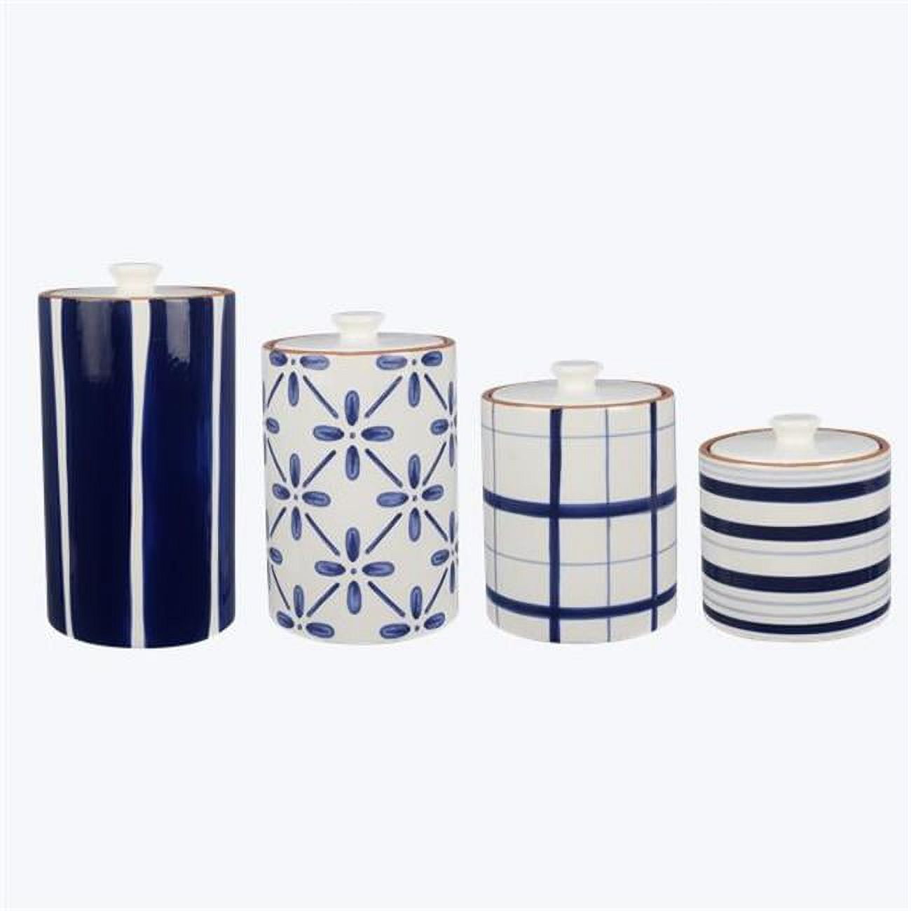 Set of 4 Blue and White Ceramic Striped Canisters