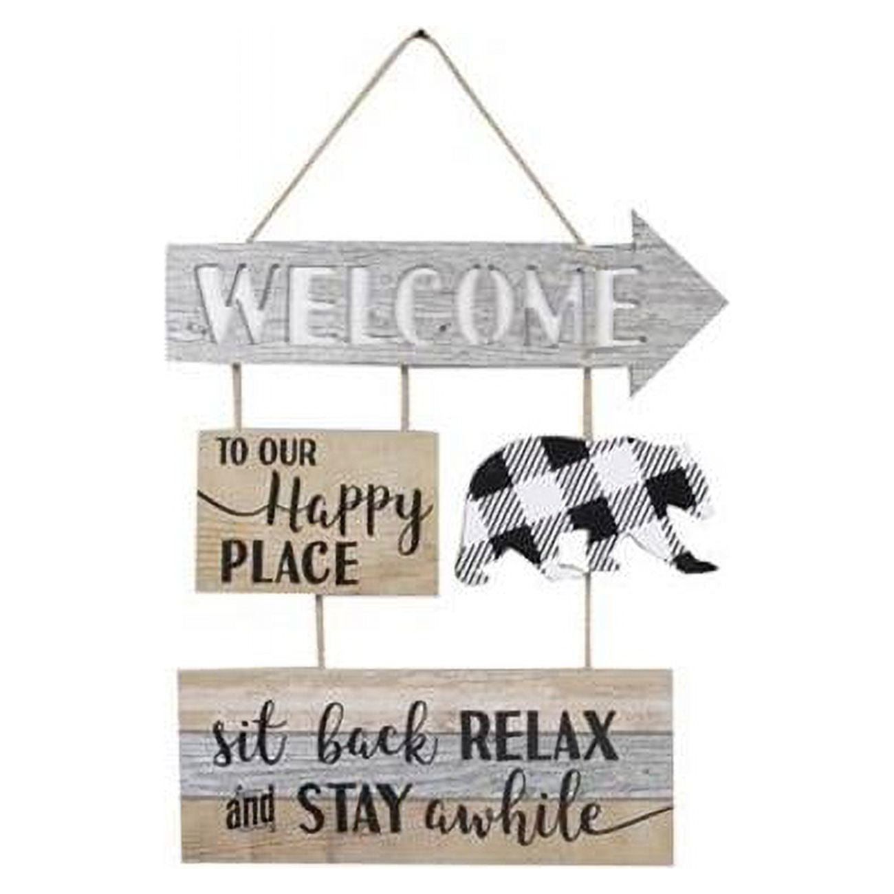 Youngs 21154 Wood Bear Welcome Sign with Buffalo Plaid & Happy Place