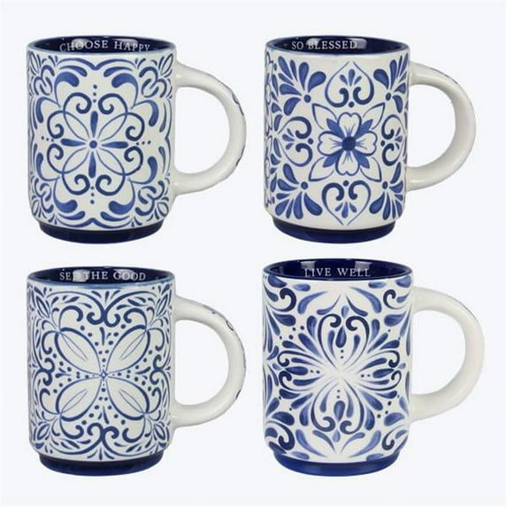 Youngs 21211 Ceramic Blue & White Talavera Mug, Assorted Color - 4 Piece