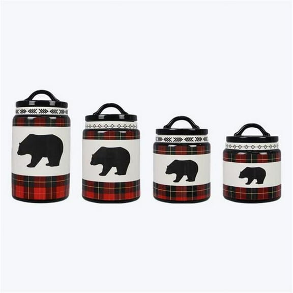 Youngs 21914 Ceramic Cabin Plaid Bear Canister - Set of 4