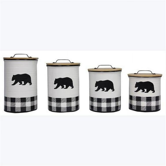Youngs 21916 Buffalo Plaid Bear Cabin Ceramic Canister with Wood Lid Set - 4 Piece
