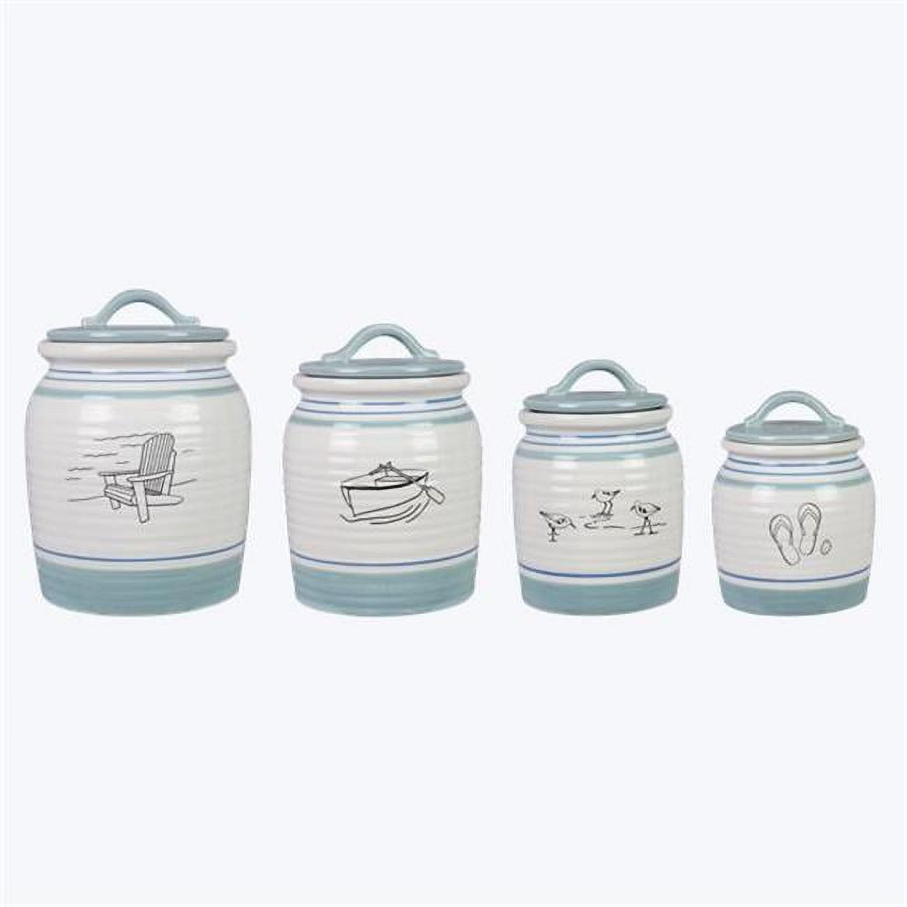 Set of 4 White and Blue Ceramic Lake-Themed Food Storage Canisters