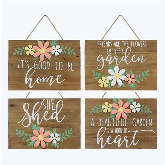 Youngs 70565 Wood Wall Sign with Tin Cutout Flower Accent, 4 Assorted Color