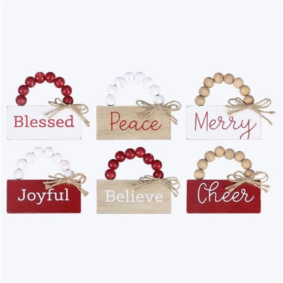 Youngs 92043 Wood Christmas Mini Signs with Blessing Bead Hanger, Assorted Color - 6 Piece