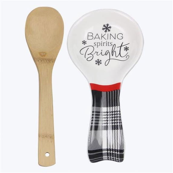 Youngs 92540 Ceramic Modern Farmhouse Christmas Spoon Rest with Spoon