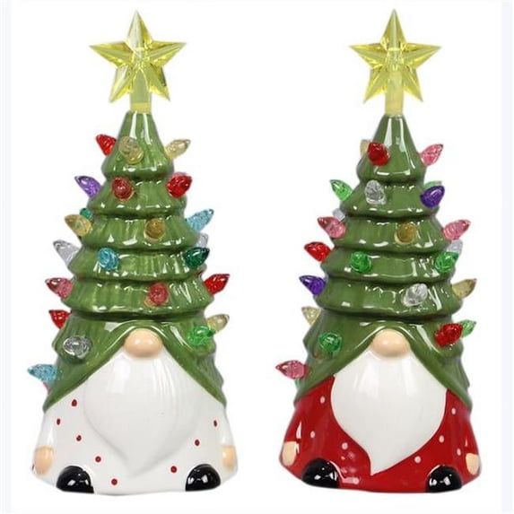 Youngs 92753 Ceramic Santa with Christmas Tree Hat with LED Light, Assorted Color - 2 Piece
