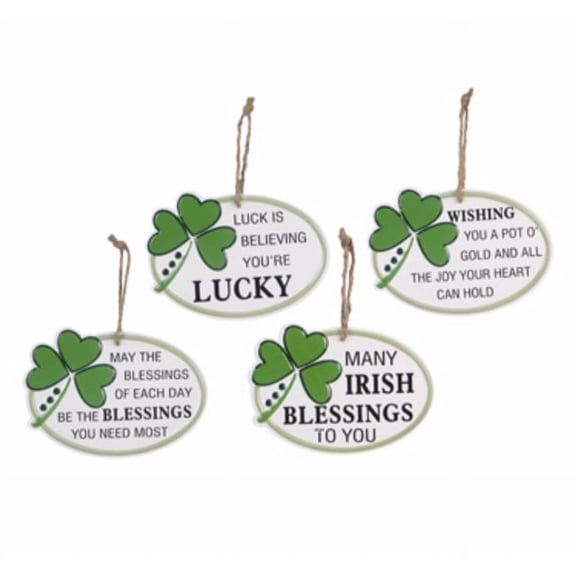 Youngs St. Patricks Day Decor - Tin Metal Shamrock Ornament Signs 4pc