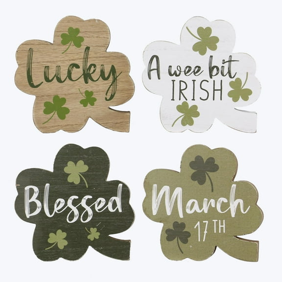 Youngs St. Patricks Day Decor - Wood Chunky Shamrocks Sitters 4pc