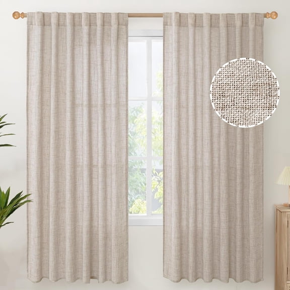 Linen Semi Sheer Curtains 72 Inch Length 2 Panels - Light Filtering Drapes with Rod Pocket Back Tab Rustic Beige Window Treatments for Living Room Dining Bedroom, 52 X