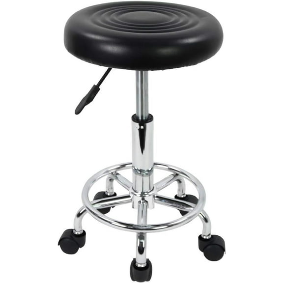 Youngshion PU Leather Modern Round Rolling Stool with Footrest Height Adjustable Spa Drafting Salon Tattoo Work Massage Stools Task Chair Black