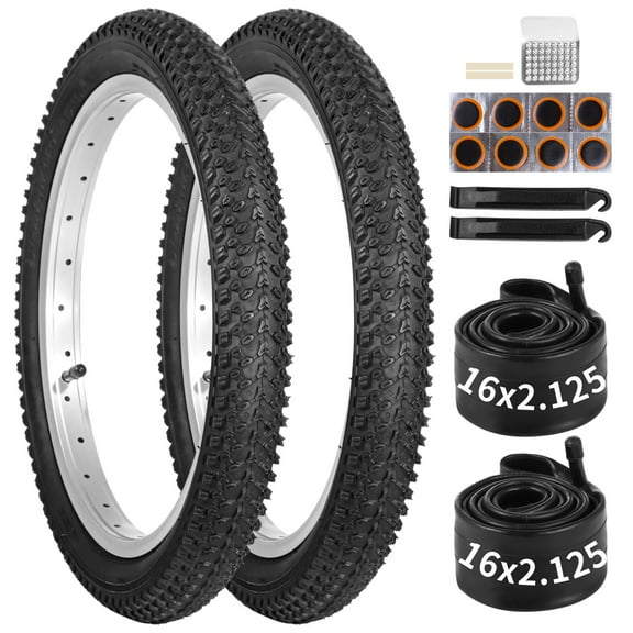 2 Pcs Youngster Mountain Bike Tire Set, 16 x 2.215 Inches Replacement Tires with Inner Tubes & Repair Kit, Shock Absorption MTB Bicycle Tire with AV Valve, Electric Bike Tires, Max Load 154 Lbs