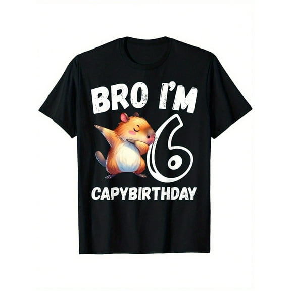Youngsters' "Bro I'm 6" Capybara Birthday T-Shirt - Cute, Funny, Soft Cotton, Breathable Short Sleeve Tee for Boys & Girls, Black with Playful Graphic Print