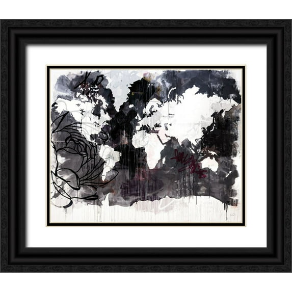 Youngstrom, Kent 24x20 Black Ornate Wood Framed with Double Matting Museum Art Print Titled - Floral Graffiti World Map