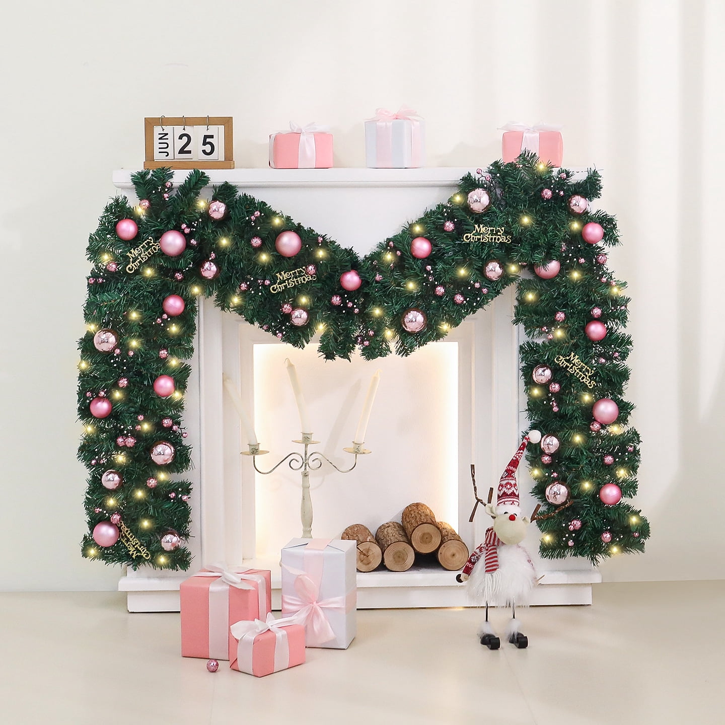 YoupWaven 9Ft Christmas Garland with Lights for Mantle, Artificial Pink ...