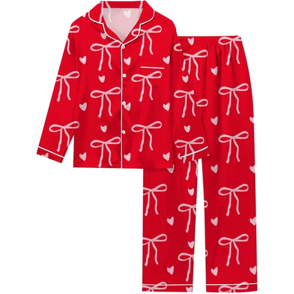 Youpwaven 2 Piece Women's Dreamy Soft Bow & Heart Print Collection Pajamas Set Long Sleeve Sleepwear Button Down Shirts & Pants Loungewear Outfits Valentine's Day Matching Pjs for Women, Red