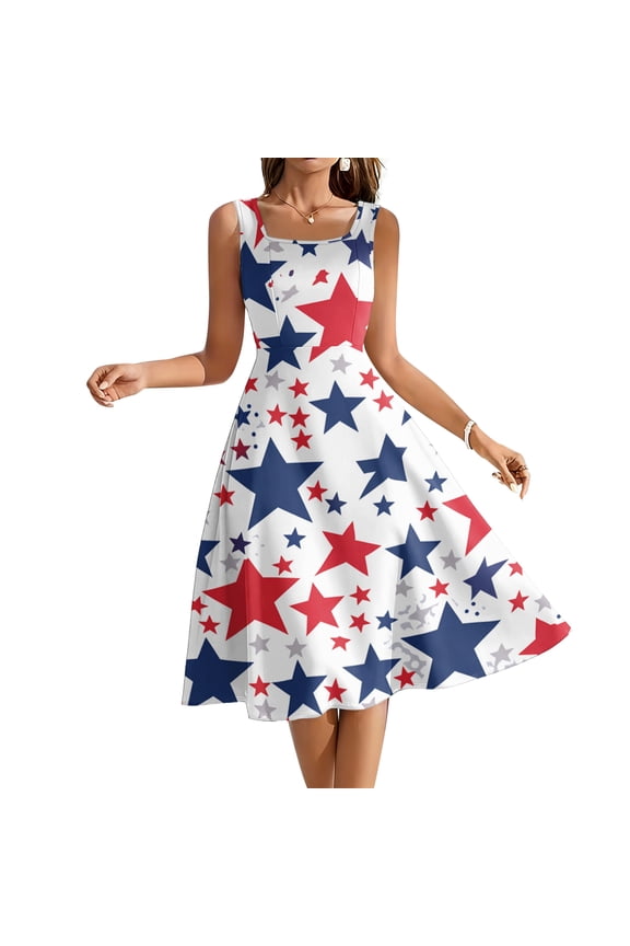 250 Anniversary USA Square Neck Dress, 1776-2026 Patriotic Sleeveless Swing Gown, Independence Day Flared A-Line Skirt, July 4th Festive Apparel