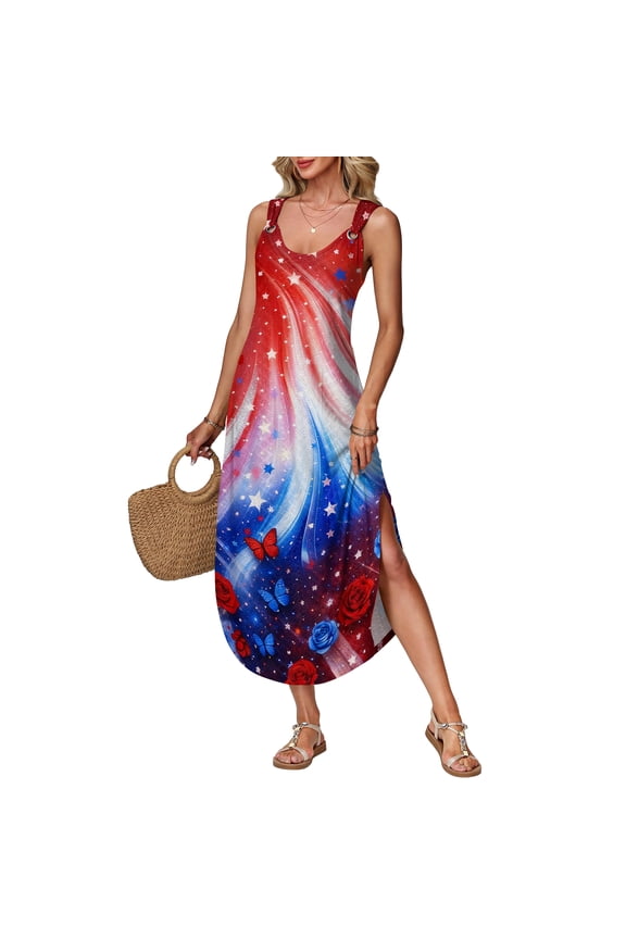 250 Anniversary USA Women's Long Dress, 1776-2026 Patriotic Side Slit Gown, Sleeveless Independence Day Graphic Tank Sundress, July 4th Festive Outfit