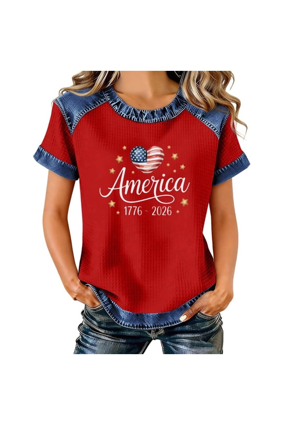 250 Anniversary USA Women's Shirt, 1776-2026 Patriotic America Heart Graphic Tee, Faux Denim Trim Short Sleeve Top, Casual Independence Day Apparel
