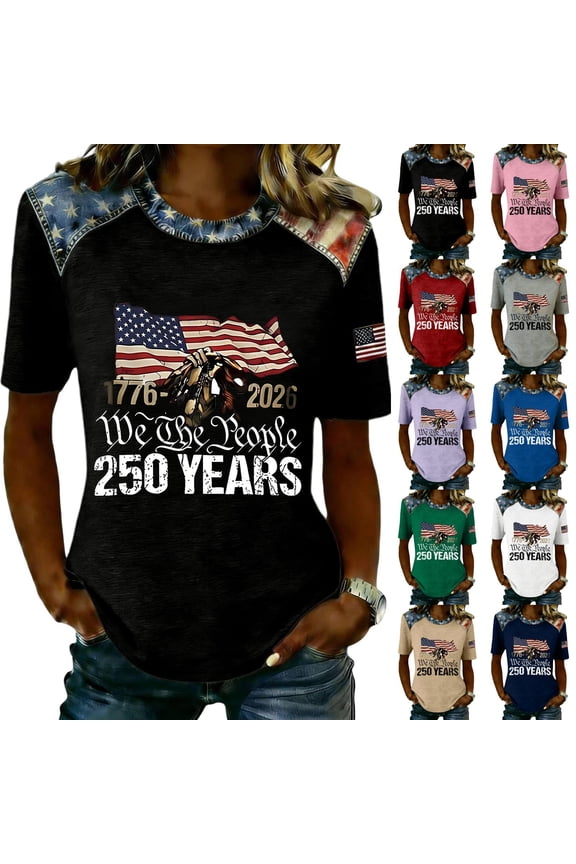 250th Anniversary USA Shirt, Women's America 250 Merchandise, 1776 We The People Patriotic Flag Graphic Tee, 2026 Commemorative Color Block Top