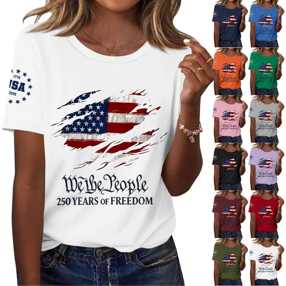 Youpwaven 250th Anniversary USA We the People 250 YEARS OF FREEDOM T-Shirt for Women, Independence Day Short Sleeve Graphic Tee Top