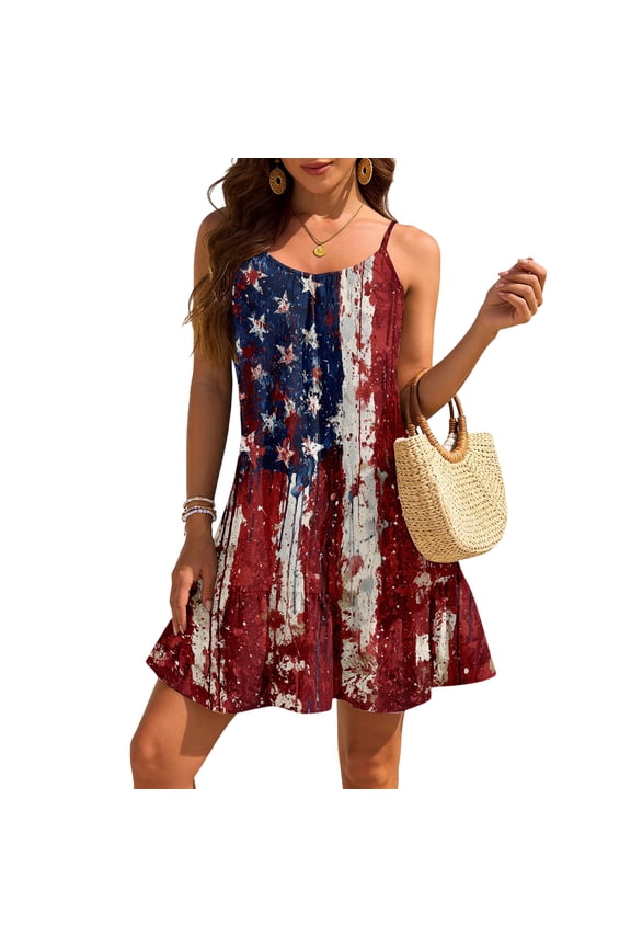 250th Anniversary USA Women's Dress, Patriotic Spaghetti Strap Sundress with Ruffle Hem, Independence Day 1776-2026 Camisole Mini Dress, American Flag Beach Apparel
