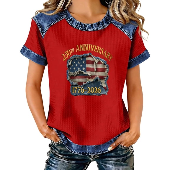 Youpwaven America 250 Anniversary USA Top for Women, 1776-2026 Patriotic Ripped Flag Print Graphic Tee, Faux Denim Contrast Short Sleeve Shirt, Casual Celebration Outfit