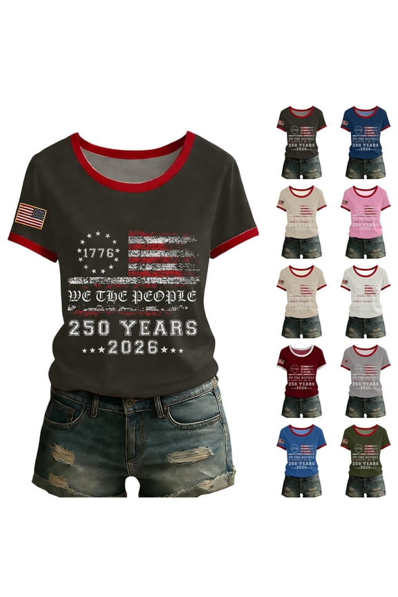America 250 Merchandise Women's Patriotic Ringer T-Shirt, 250th Anniversary USA "We The People" Flag Print Casual Crew Neck Short Sleeve Pullover Top for Independence Day