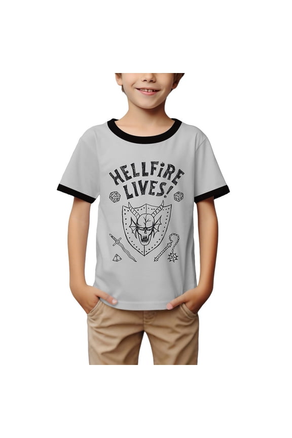 B'o'ys Hellfire Lives Graphic Ringer Tee – Black Trim Crew Neck Short Sleeve Casual Stranger T-Shirt for B'o'ys, Size 11-12Y
