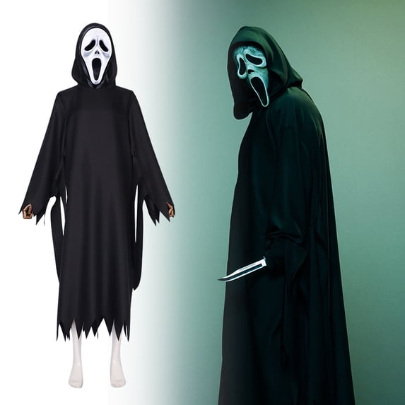 Horror Robe Youpwaven Black Ghost Hooded Robe and M'as'k Set, Horror-Themed Outfit ...