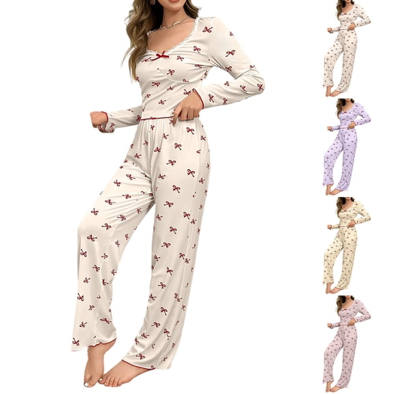 Youpwaven Bows Print Lace Collar Slim Fit Valentines Pajamas Set for Women - Long Sleeve V Neck Top & Elastic Waisted Pants Loungewear, 2-Piece, Pink, Size S