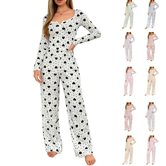 Youpwaven Cute Heart Print 2-Piece Pajamas for Women - Lace Neck Ruffled Top & Long Pants - Valentine’s Day Loungewear Slim Fit Sleepwear Set, Black, Size L