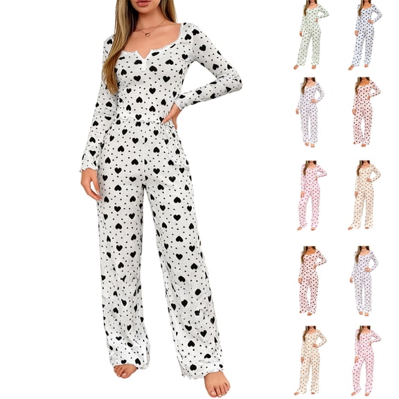 Youpwaven Cute Heart Print 2-Piece Pajamas for Women - Lace Neck Ruffled Top & Long Pants - Valentine’s Day Loungewear Slim Fit Sleepwear Set, Pink, Size L