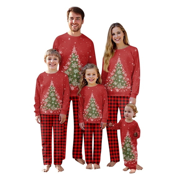 Youpwaven Family Matching Christmas Pajamas Sets, Long Sleeve Merry Christmas Tree Print Tops and Plaid Pants, Red Holiday Matching Sleepwear Sets for Couples Family Women Men K'i'ds B'a'by