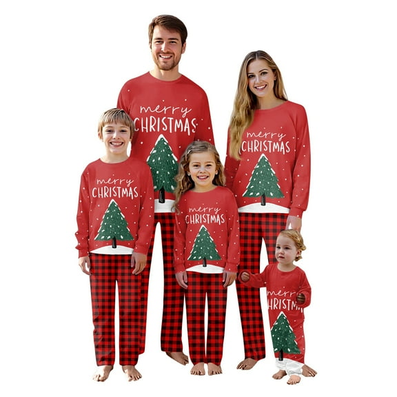 Youpwaven Family Matching Christmas Pajamas Sets, Long Sleeve Merry Christmas Tree Print Tops and Plaid Pants, Red Holiday Matching Sleepwear Sets for Couples Family Women Men K'i'ds B'a'by