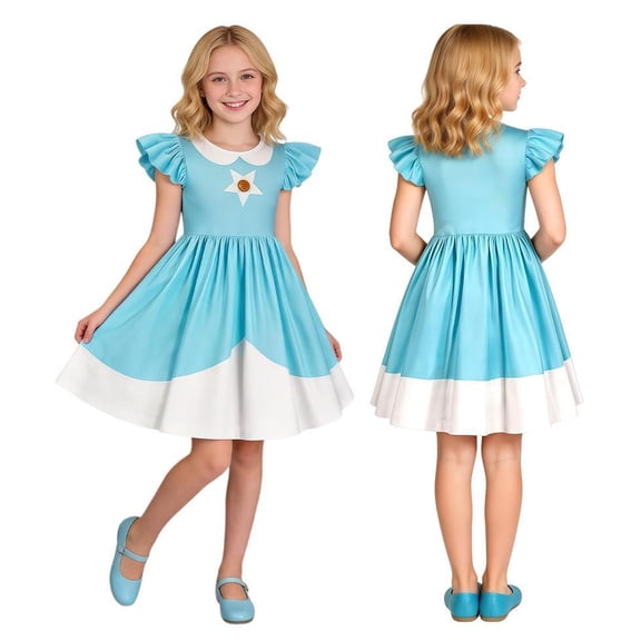 Youpwaven G'i'rls Princess Flutter Sleeve Cosplay Dress, Blue Video Game Character Costume, Birthday Party Halloween A-Line Outfit Size 6